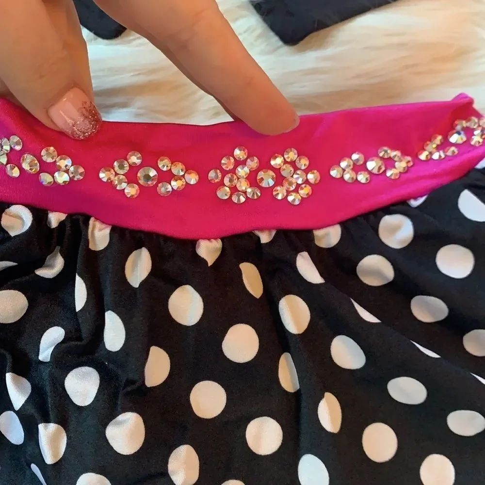 Custom made Jazz Polka Dot Black and Pink dance costume with swarovski crystals.